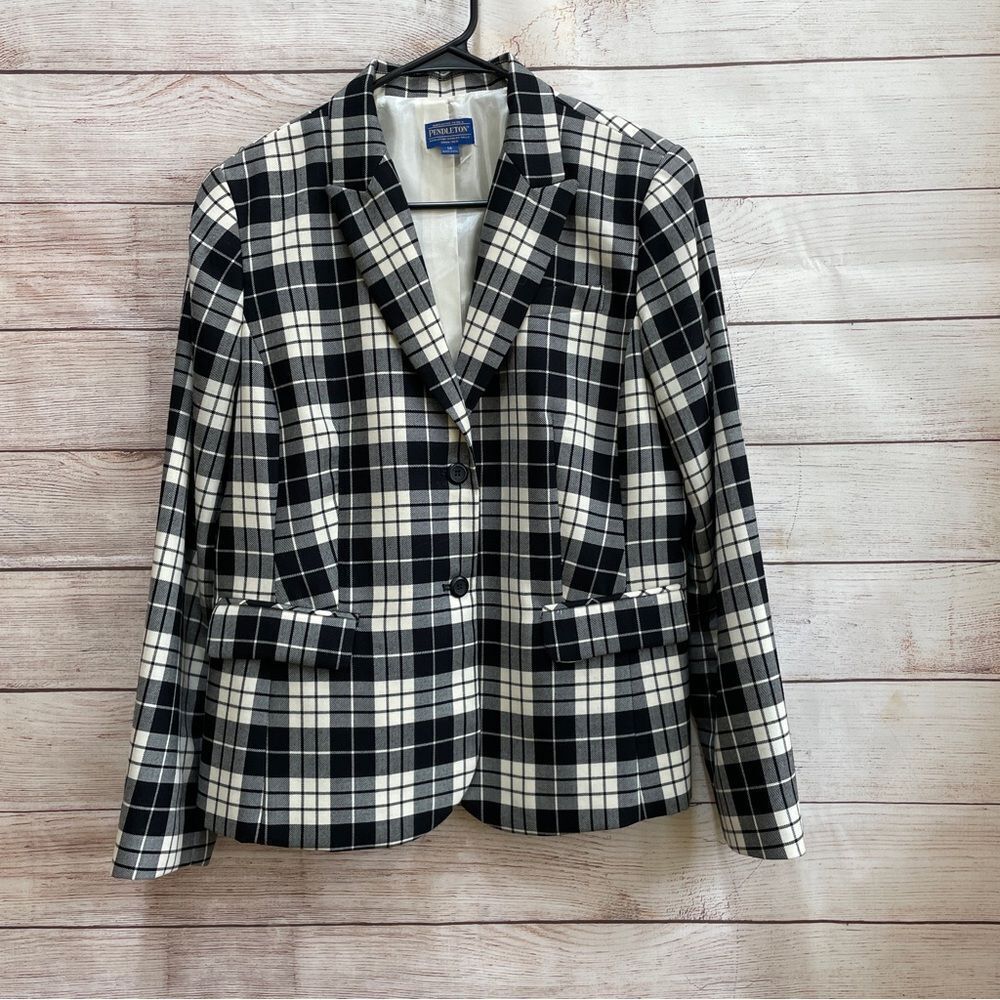 VINTAGE PENDLETON 100% WOOL BLAZER IN‎ BLACK AND WHITE PLAID